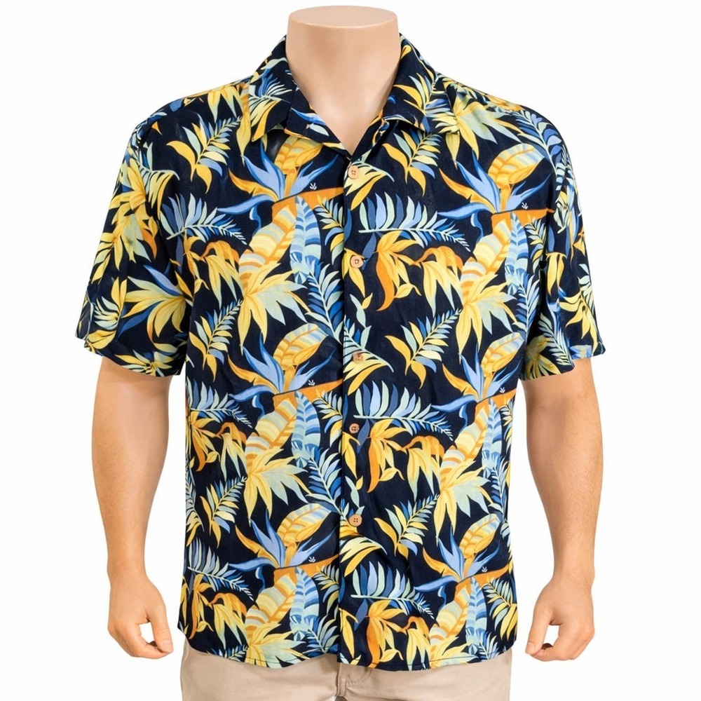 Joe Marlin Hawaiian Aloha Shirt Large Floral Tropical Yellow Blue Flowers Black